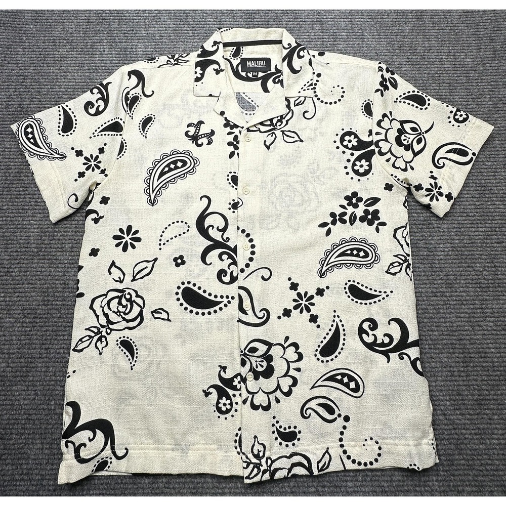 Malibu Shirt Mens Medium Ivory Black Paisley Short‎ Sleeve Button Up Casual